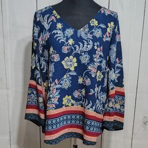 New Directions Floral V-Neck Blouse - Navy and Yellow Size Medium